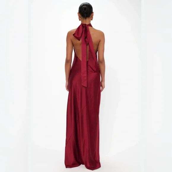 NWT Commense Burgundy Maroon Halter Maxi Gown Satin Open Back Small - Picture 2 of 5